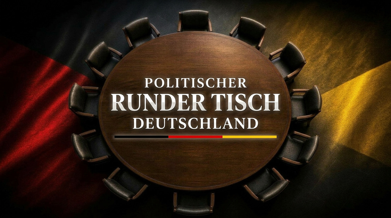 Runder Tisch vor den Farben der deutschen Flagge – Symbol für den Politischen Runden Tisch